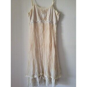 Vintage Vasna Desire Ivory Boho Crochet Bodice Spaghetti Strap Midi Dress